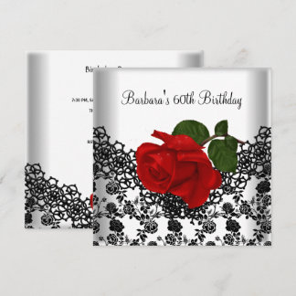 60th Birthday Damask Lace Black White RED Rose Invitation