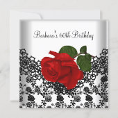 60th Birthday Damask Lace Black White RED Rose Invitation (Front)