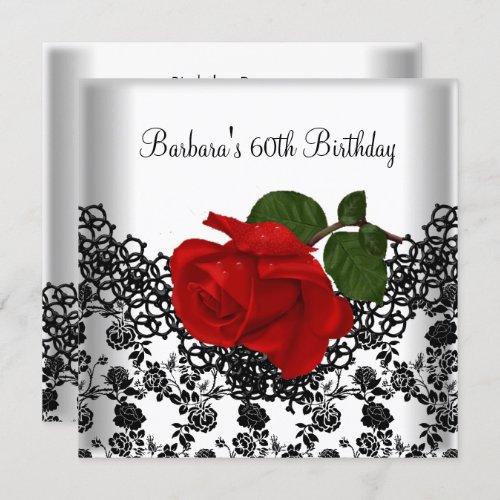 60th Birthday Damask Lace Black White RED Rose Invitation