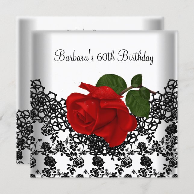 60th Birthday Damask Lace Black White RED Rose Invitation (Front/Back)