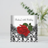 60th Birthday Damask Lace Black White RED Rose Invitation (Standing Front)
