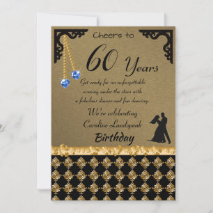 60th Birthday Dance Party Blue Heart Gems & Damask Invitation