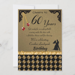 60th Birthday Dance Party Red Heart Gems & Damask Invitation