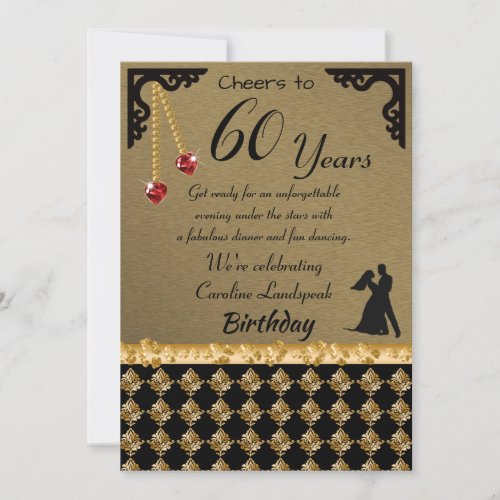 60th Birthday Dance Party Red Heart Gems  Damask Invitation
