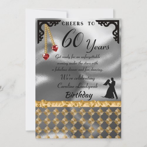 60th Birthday Dance Party Silver Foil Red Heart I Invitation