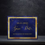 60th birthday dark blue gold save the date postcard<br><div class="desc">A Save the Date card for a 60th birthday party for a guy, man, male. A dark blue background decorated with golden confetti and a faux gold and black frame. The blue color is uneven. Templates for a date and name/age 60. Golden colored letters. The text: Save the Date is...</div>