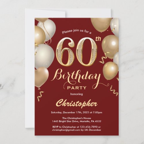 60th Birthday Dark Red and Gold Balloons Confetti Invitation