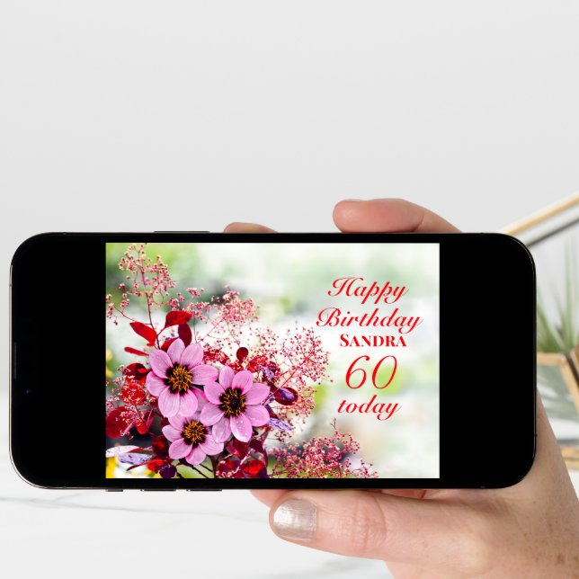 60th Birthday Day Pink Flowers Add A Name Card (Front Digital)