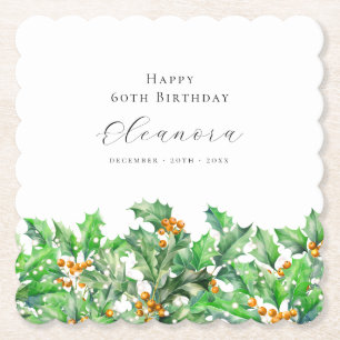 60th Birthday December Birth Flower Holly Custom Paper Coaster
