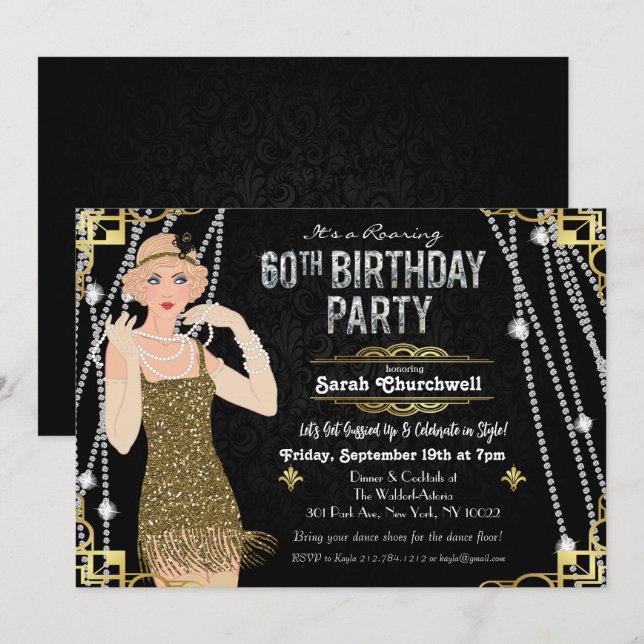 60th Birthday Deco Gatsby Flapper Girl Invitation (Front/Back)