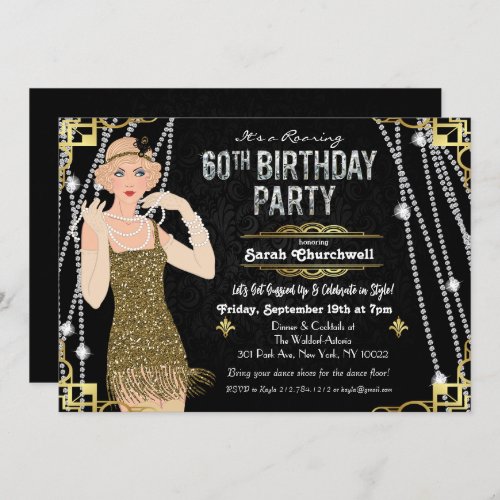 60th Birthday Deco Gatsby Flapper Girl Invitation