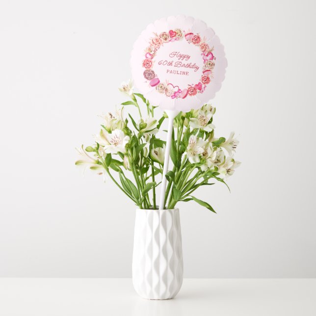 60th Birthday Decoration Pink Roses Swirly Heart Balloon (Vase)