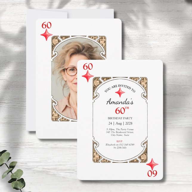60th Birthday Diamond Playing Card Invitation (60th birthday party invitations with an art deco playing card design on a grey wood background)