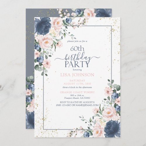 60th Birthday Dusty Blue Blush Pink Gold Floral Invitation