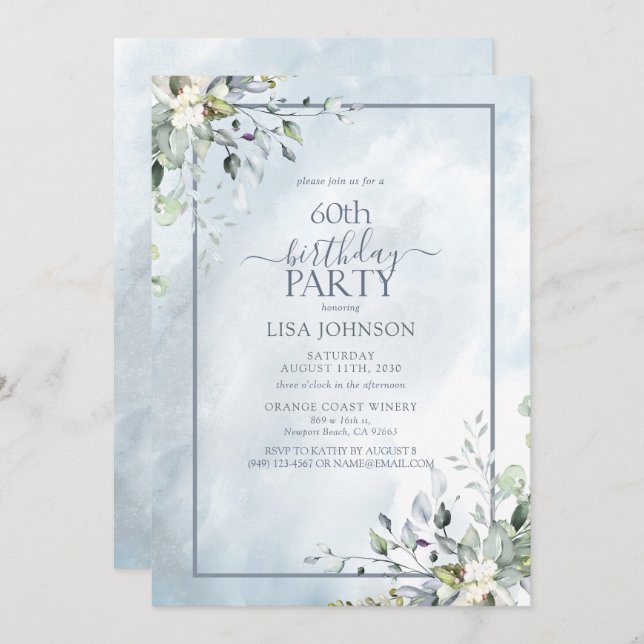 60th Birthday Dusty Blue Botanical Greenery Invitation (Front/Back)