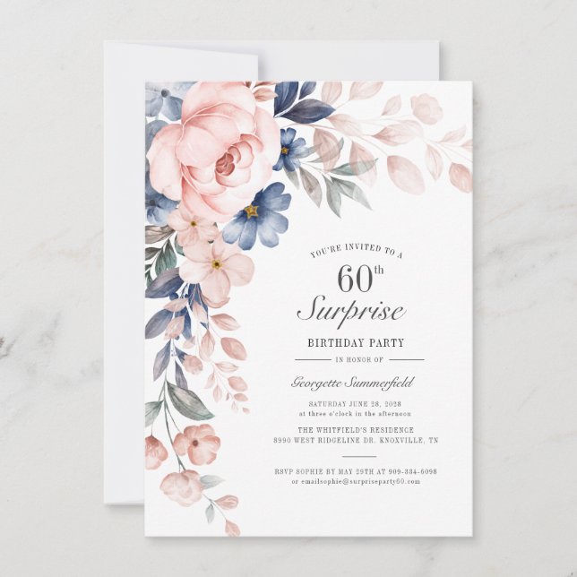 60th Birthday Dusty Blue Botanical Script Invitation (Front)