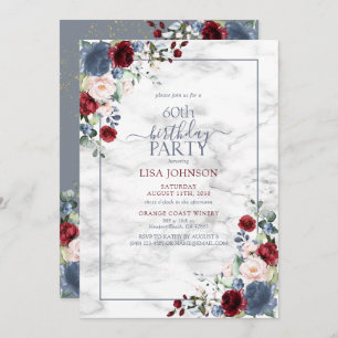60th Birthday Dusty Blue Burgundy Blush Gold Invitation