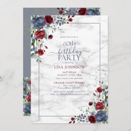 60th Birthday Dusty Blue Burgundy Gold Floral Invitation