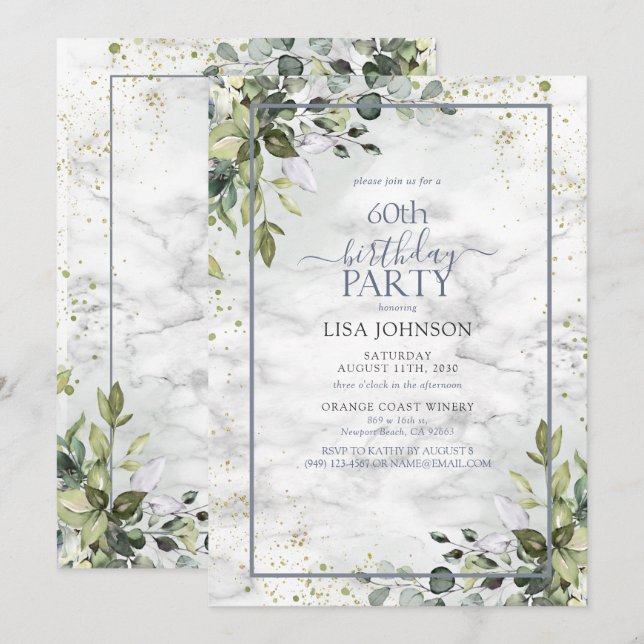 60th Birthday Dusty Blue Eucalyptus Greenery Invitation (Front/Back)