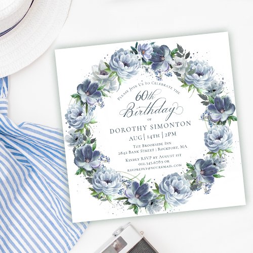 60th Birthday Dusty Blue Flower Wreath Invitation