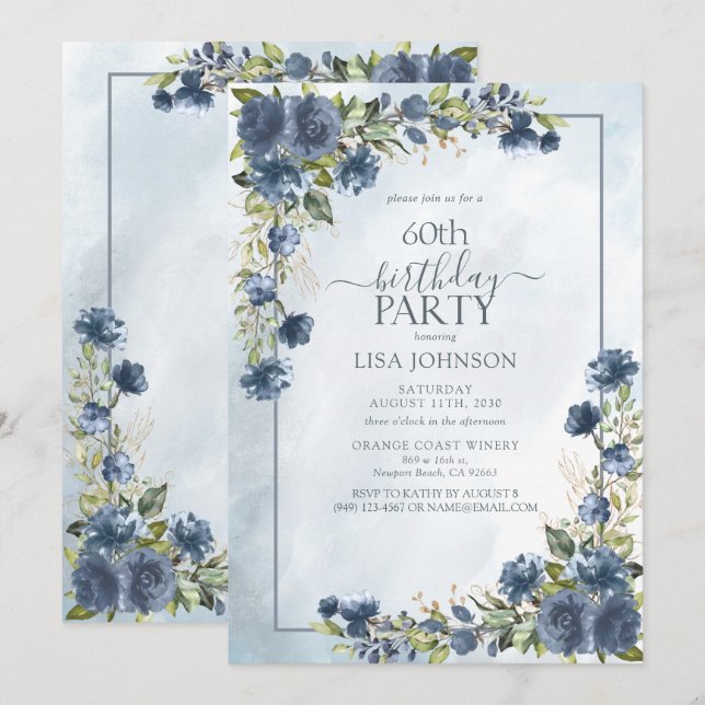 60th Birthday Dusty Blue Watercolor Floral Invitation (Front/Back)