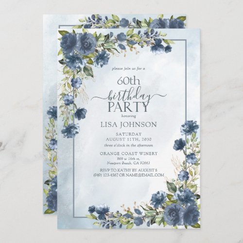 60th Birthday Dusty Blue Watercolor Floral Invitation