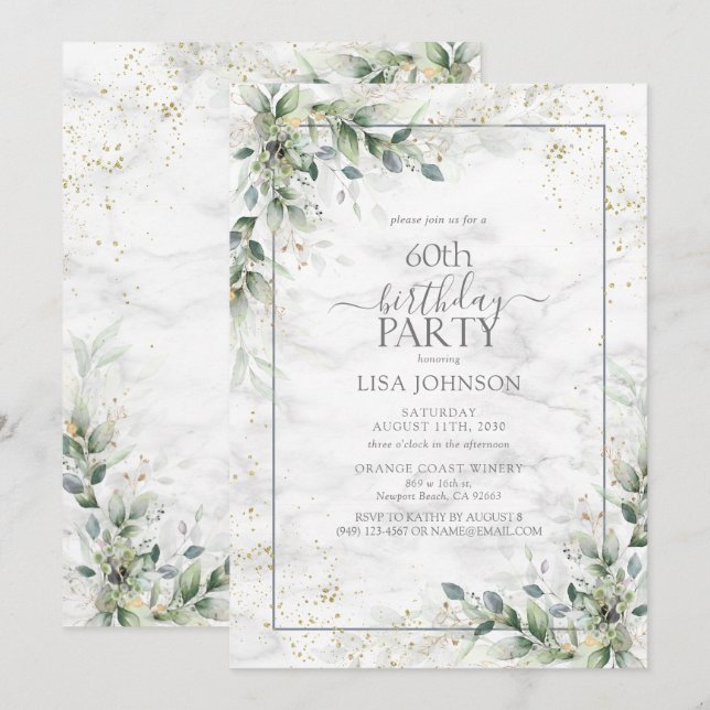 60th Birthday Dusty Eucalyptus Botanical Gold Invitation (Front/Back)