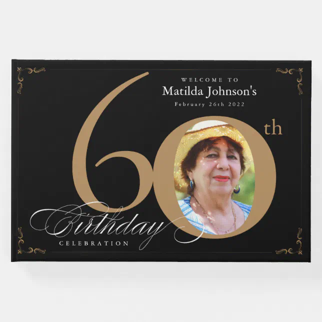 60th Birthday Elegant Black Gold Calligraphy Photo Guest Book | Zazzle