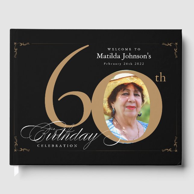 60th Birthday Elegant Black Gold Calligraphy Photo Guest Book (Front)