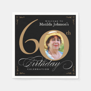 60th Birthday Elegant Black Gold Calligraphy Photo Napkins