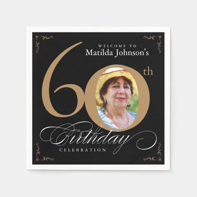 60th Birthday Elegant Black Gold Calligraphy Photo Napkins (Front)