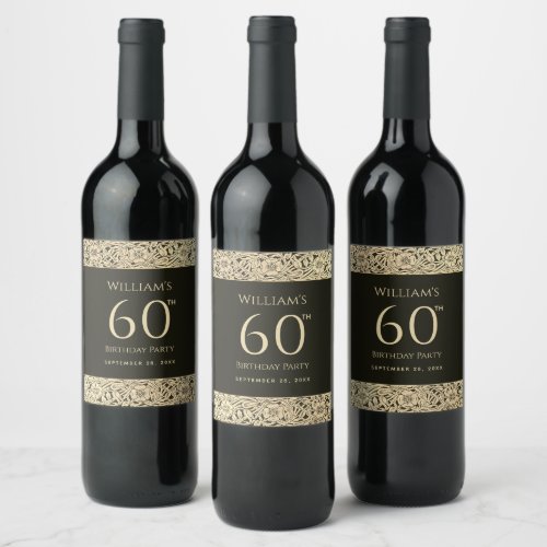 60th Birthday Elegant Black Gold Vintage Flowers Wine Label