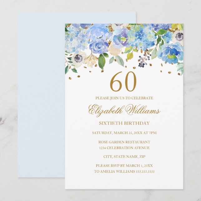 60th Birthday Elegant Blue Gold Floral Invitation (Front/Back)