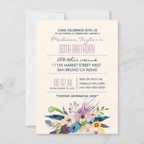60th Birthday Elegant Bouquet Invitation - 60th Birthday Elegant Bouquet invitations. This bright, colorful invite is perfect for any modern birthday celebration.