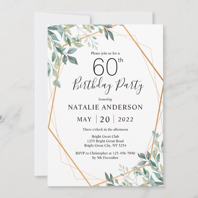60th Birthday Elegant Eucalyptus Greenery and Gold Invitation (Front)