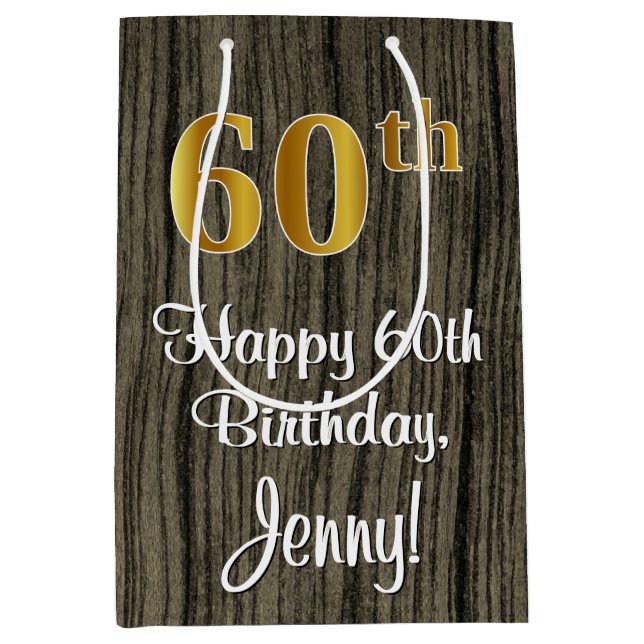 60th Birthday: Elegant Faux Gold Look #, Faux Wood Medium Gift Bag (Front)