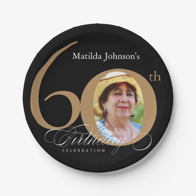60th Birthday Elegant Gold Black Calligraphy Photo Paper Plates (Front)