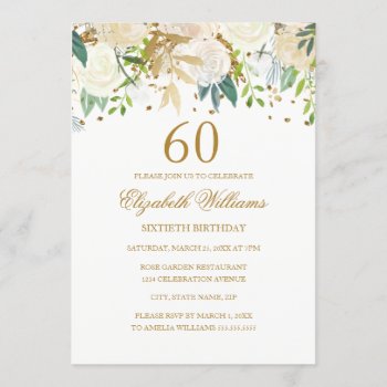 60th Birthday Elegant Gold Floral Invitation by LittleBayleigh at Zazzle