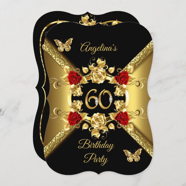 60th Birthday Elegant Gold Red Roses Black Invitation (Front/Back)