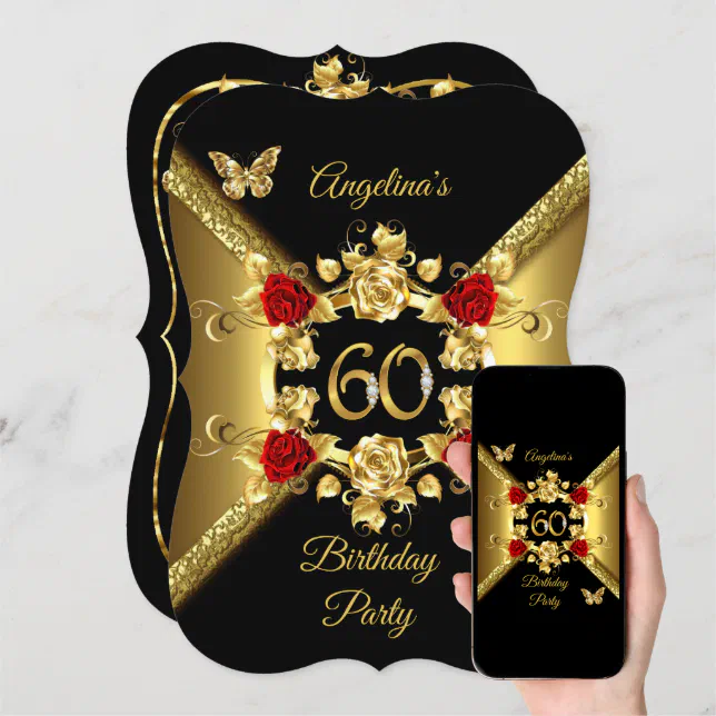 60th Birthday Elegant Gold Red Roses Black Invitation | Zazzle