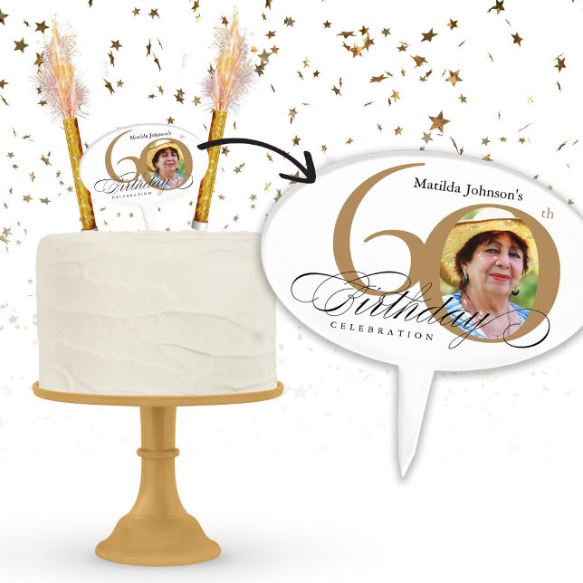 60th Birthday Elegant Gold White Calligraphy Photo Cake Topper (60th Birthday Elegant Gold White Calligraphy Photo Cake Topper)