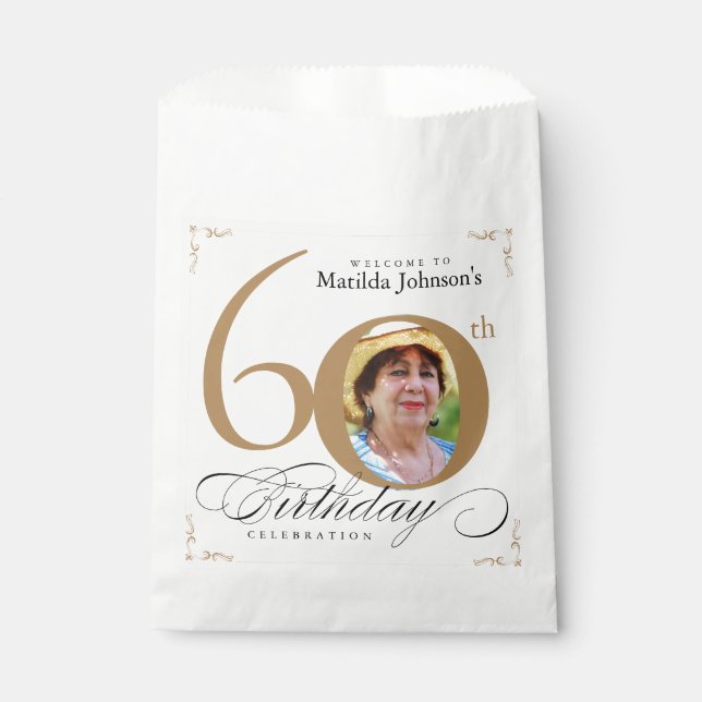 60th Birthday Elegant Gold White Calligraphy Photo Favor Bag (Front)