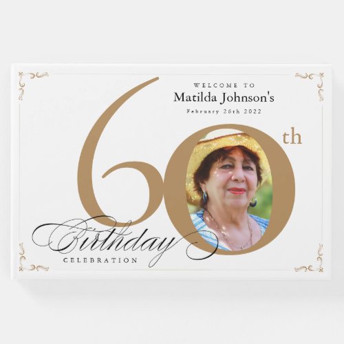 60th Birthday Elegant Gold White Calligraphy Photo Guest Book