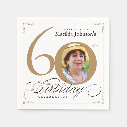 60th Birthday Elegant Gold White Calligraphy Photo Napkins