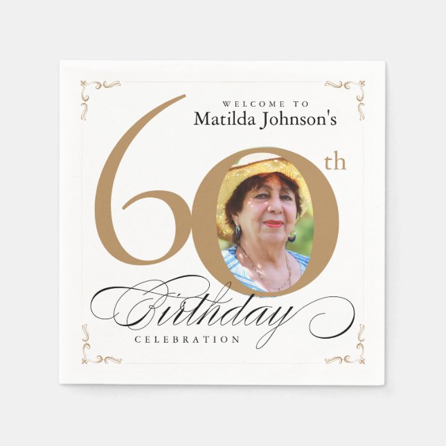 60th Birthday Elegant Gold White Calligraphy Photo Napkins (Front)