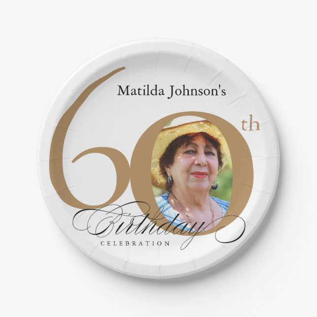 60th Birthday Elegant Gold White Calligraphy Photo Paper Plates (Front)