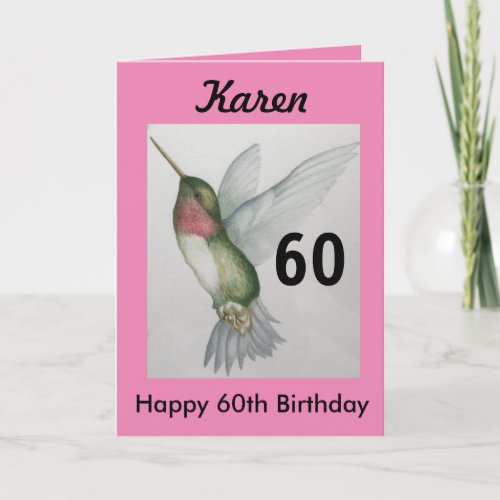 60th Birthday Elegant Pink Hummingbird Watercolor Card