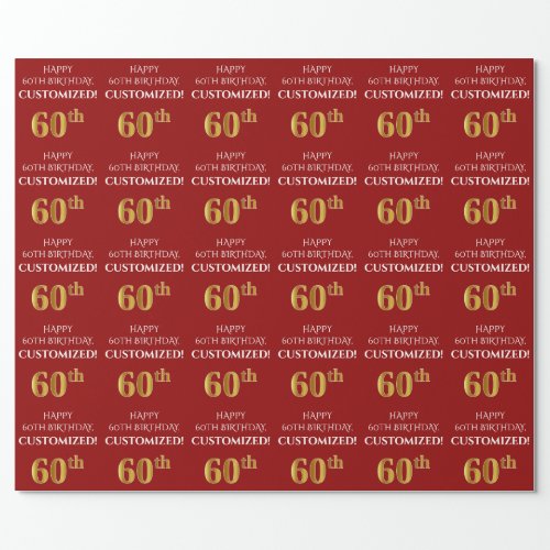 60th Birthday Elegant Red Faux Gold Look Wrapping Paper