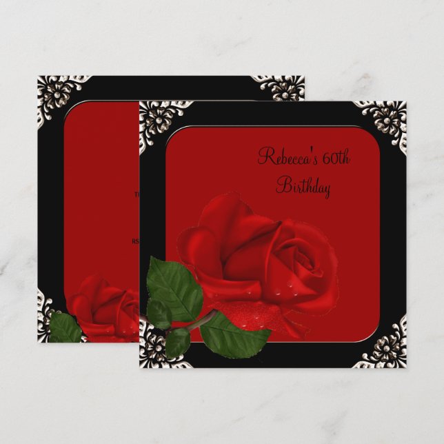 60th Birthday Elegant Red Rose Black Flowers Invitation (Front/Back)