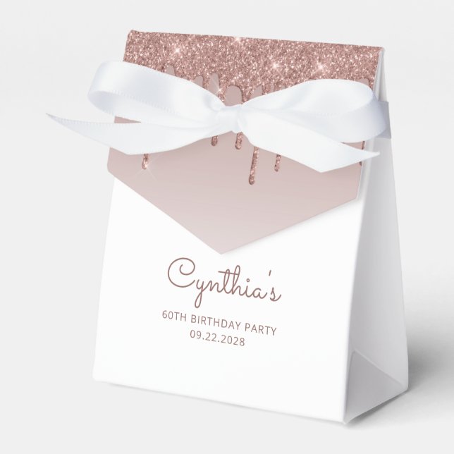 60th Birthday Elegant Rose Gold Glitter Drip Favor Boxes (Front Side)